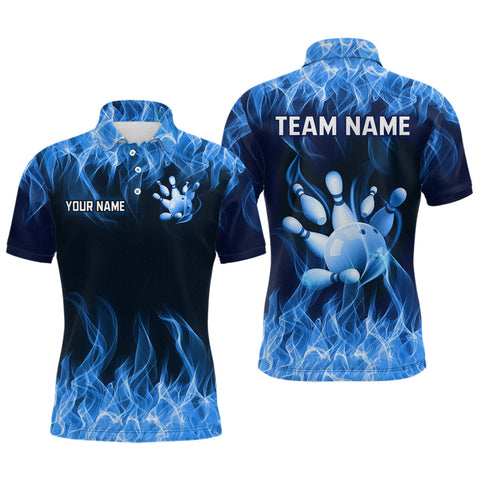 Maxcorners Custom Blue Flame Bowling Jersey for Men Bowling Uniform Polo & 1/4 Zip Bowling Team Shirts LM0803