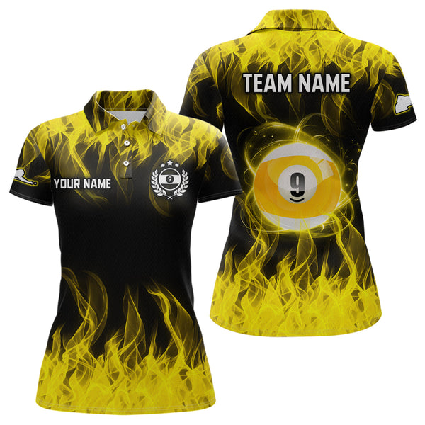 Maxcorners Personalized Yellow Flaming Billiard Jerseys 9 Ball Pool Billiard Shirts For Men Team Polo & 1/4 Zip Shirt