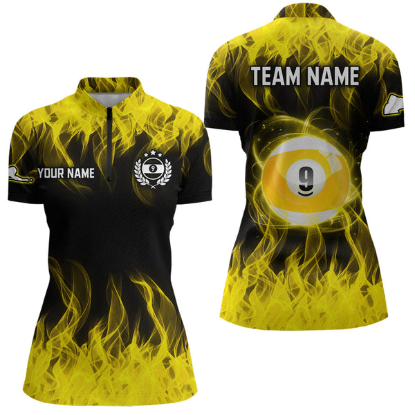 Maxcorners Personalized Yellow Flaming Billiard Jerseys 9 Ball Pool Billiard Shirts For Men Team Polo & 1/4 Zip Shirt