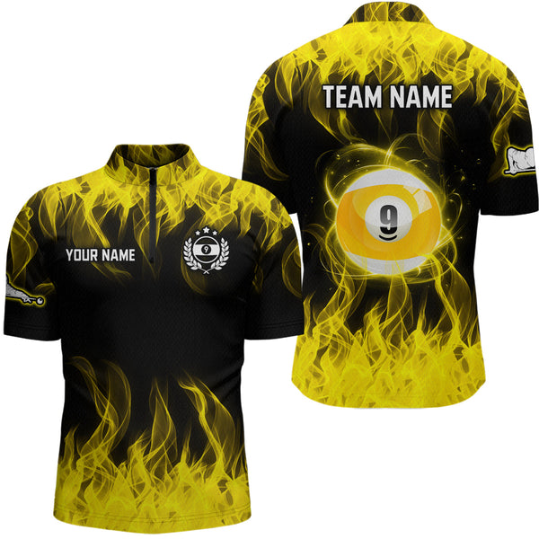 Maxcorners Personalized Yellow Flaming Billiard Jerseys 9 Ball Pool Billiard Shirts For Men Team Polo & 1/4 Zip Shirt
