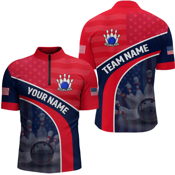 Maxcorners Personalized Us Flag Bowling Jersey For Men Bowling Gifts Bowling Team Jersey With Name Polo & 1/4 Zip.
