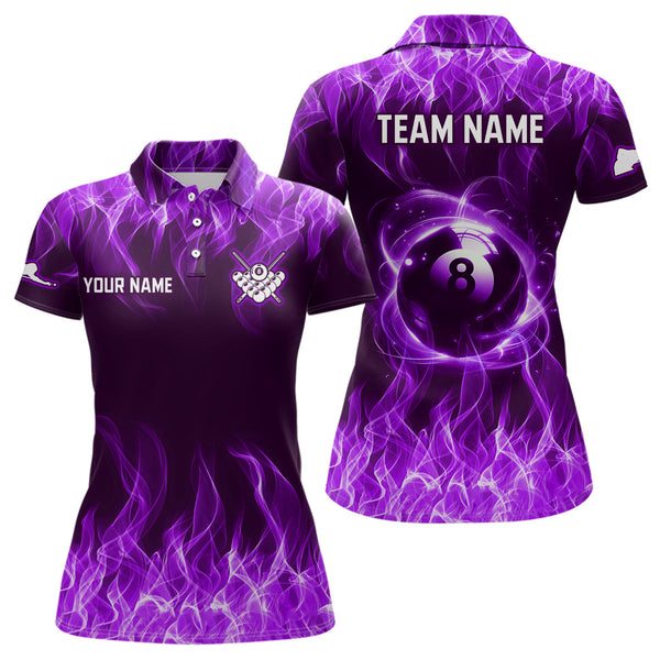 Maxcorners Personalized Purple Flaming 8 Ball Pool Men Billiard Polo & 1/4 Zip Shirts Billiard Shirt Billiard Team Jerseys For Team LM113