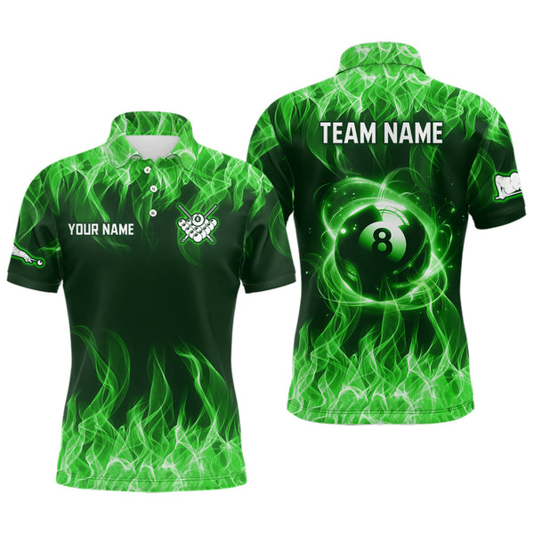 Maxcorners Personalized Green Flaming 8 Ball Pool Men Billiard Polo & 1/4 Zip Shirts, Billiard Shirt, Billiard Team Jerseys For Team LM113