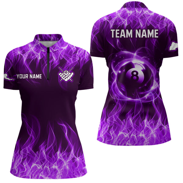 Maxcorners Personalized Purple Flaming 8 Ball Pool Men Billiard Polo & 1/4 Zip Shirts Billiard Shirt Billiard Team Jerseys For Team LM113