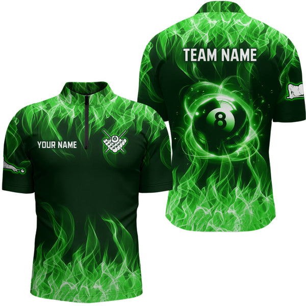 Maxcorners Personalized Green Flaming 8 Ball Pool Men Billiard Polo & 1/4 Zip Shirts, Billiard Shirt, Billiard Team Jerseys For Team LM113