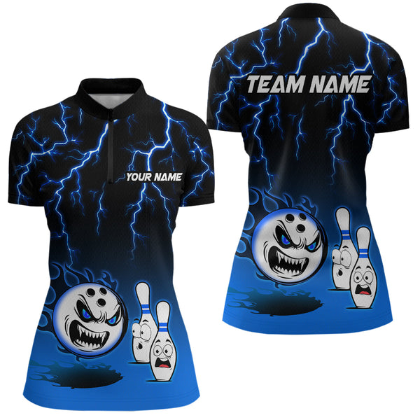 Maxcorners Personalized Blue Funny Crazy Bowling Shirt For Men & Women Bowling Jersey Shirts Polo & Quarter- Zip Bowling League