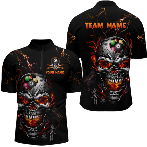 Maxcorners Personalized Thunder Skull Billiard Jerseys Men Polo & 1/4 Zip Shirt Funny Skull 8 Ball Pool Billiard for Men Team