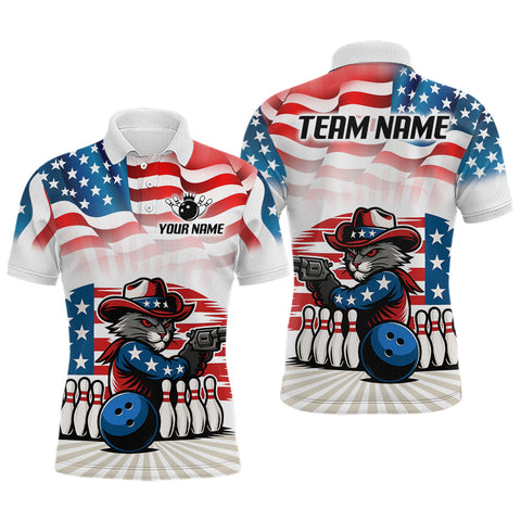 Maxcorners Custom Funny US Flag Cat Bowling Jersey for Men Custom Team Bowling Shirts Polo & 1/4 Zip MT2808