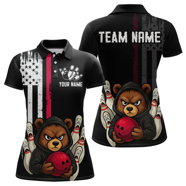 Maxcorners Custom American Flag Bear Bowling Men Polo & 1/4 Zip Shirts Bowling Team Jerseys LM3006