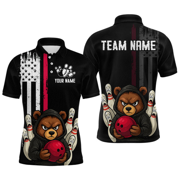 Maxcorners Custom American Flag Bear Bowling Men Polo & 1/4 Zip Shirts Bowling Team Jerseys LM3006