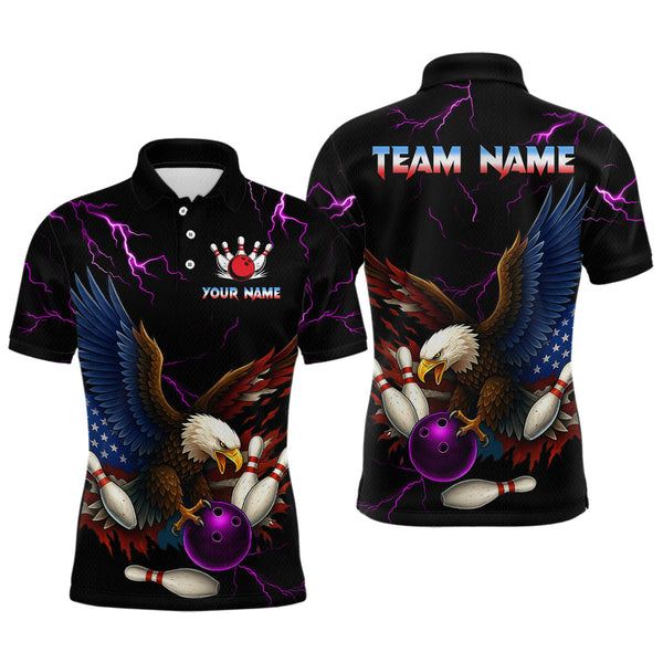 Maxcorners Purple Thunder US Flag Eagle Bowling Shirts for Men Team Bowling Polo & Quarter-Zip LM3006