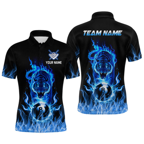 Maxcorners Custom Blue Tiger Flaming 8 Ball Pool Men Billiard Polo & 1/4 Zip Shirts Billiard Team Shirt TU2309