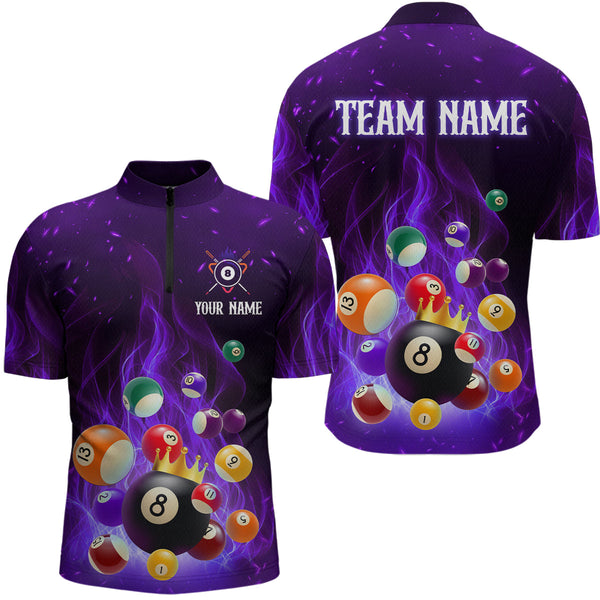 Maxcorners Personalized Purple Flaming Billiards Shirt 8 Ball Billiards Pool Billiard Shirt Men Polo Shirts & 1/4 Zip