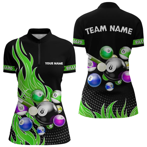 Maxcorners Custom Green Flame Billiard Shirts for Men Billiard Team Jerseys Polo & 1/4 Zip Shirts MT1706