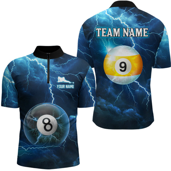 Maxcorners Blue Thunder 8 & 9 Ball Billiards Shirt Men Team Polo & 1/4 Zip Shirts Billiard Jersey LM2509