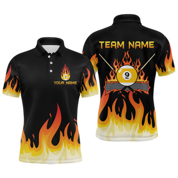 Maxcorners Custom 9 Ball Orange Flaming Billiard Shirts for Men Billiard Team Shirts Billiard League LM2007