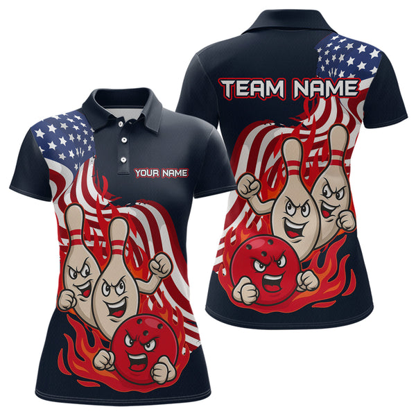 Maxcorners Custom American Flag Bowling Men Polo & 1/4 Zip Shirts Funny Flame Bowling Team Jerseys LM3006