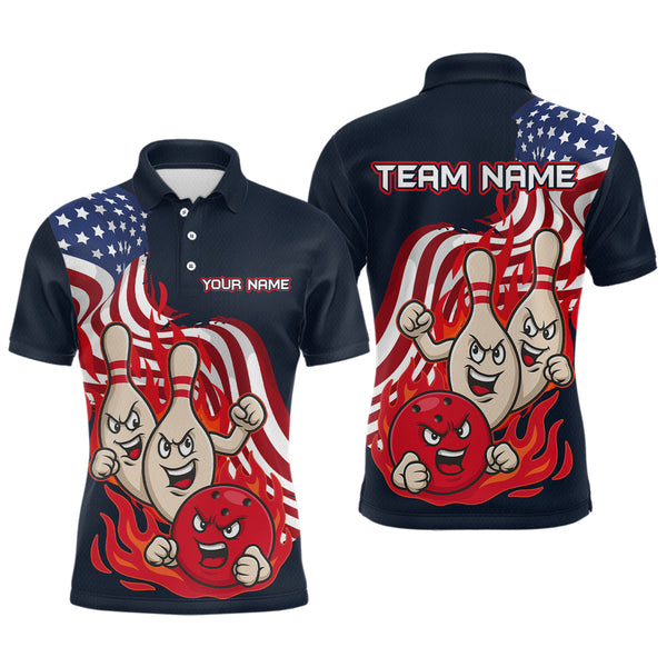 Maxcorners Custom American Flag Bowling Men Polo & 1/4 Zip Shirts Funny Flame Bowling Team Jerseys LM3006
