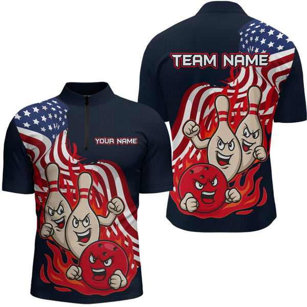 Maxcorners Custom American Flag Bowling Men Polo & 1/4 Zip Shirts Funny Flame Bowling Team Jerseys LM3006
