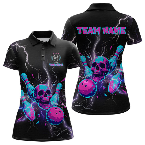 Maxcorners Custom Thunder Skull Flame Bowling Men Polo & 1/4 Zip Shirts Bowling Team Jerseys LM3006