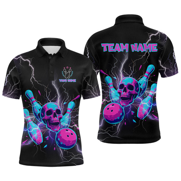 Maxcorners Custom Thunder Skull Flame Bowling Men Polo & 1/4 Zip Shirts Bowling Team Jerseys LM3006