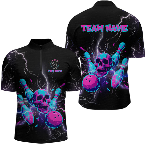 Maxcorners Custom Thunder Skull Flame Bowling Men Polo & 1/4 Zip Shirts Bowling Team Jerseys LM3006