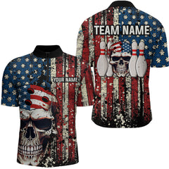 Maxcorners Skull US Flag Bowling Custom Men Bowling Shirt Polo & Quarter-Zip Bowling Team Jerseys LM054