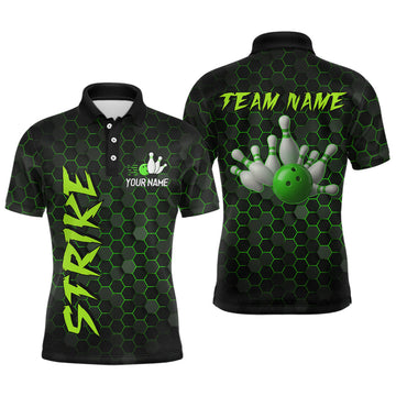 Maxcorners Custom Strike Green Bowling Men Bowling Shirt Polo & Quarter-Zip Bowling Team Jerseys LM0706