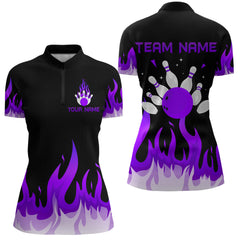 Maxcorners Custom Purple Flame Bowling Shirts for Men Polo & Quarter-Zip Bowling Team Jerseys MT1706