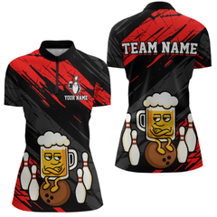Maxcorners Custom Red Funny Beer Bowling Jersey for Men Bowling Uniform Polo & 1/4 Zip Bowling Team Shirts MT2009