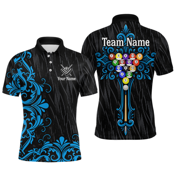 Maxcorners Custom Blue Baroque Pattern Ball Pool Billiard Shirts for Men Team Polo & 1/4 Zip Shirts LM0607