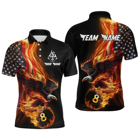 Maxcorners Custom Flaming US Flag Eagle Billiard Jersey for Men Billiard Shirt Billiard Gifts Polo & 1/4 Zip LM0607