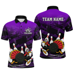 Maxcorners Custom Purple Funny Turkey Bowling Jersey for Men Thanksgiving Bowling Team Shirts Polo & 1/4 Zip MT2009