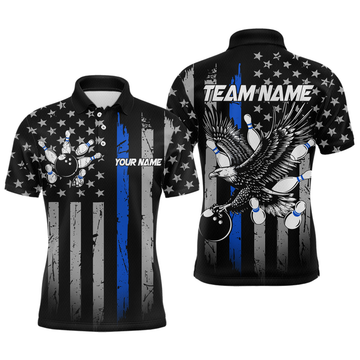 Maxcorners Custom Blue US Flag Eagle Bowling Jersey for Men Bowling Team Shirts Polo & 1/4 Zip LM1903