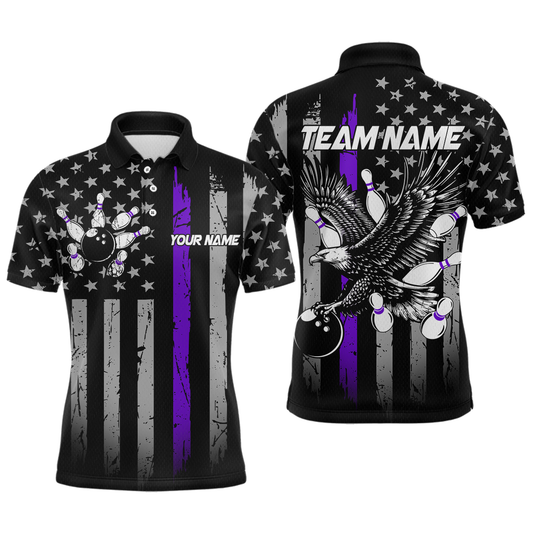 Maxcorners Custom Purple US Flag Eagle Bowling Jersey for Men Bowling Team Shirts Polo & 1/4 Zip LM1903