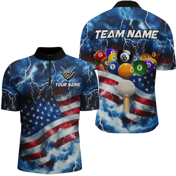 Maxcorners Personalized American Flag Thunder Billiards Shirt Men Polo & 1/4 Zip Shirts Billiard Team Jersey for Team