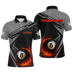 Maxcorners Personalized Grey 8 Ball Flame Billiard Shirts for Men, Billiard Team Polo & 1/4 Zip Shirts MT1607