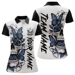 Maxcorners Blue Butterfly Skull Bowling Men Bowling Shirt Polo & Quarter-Zip Bowling Team Jerseys LM1506