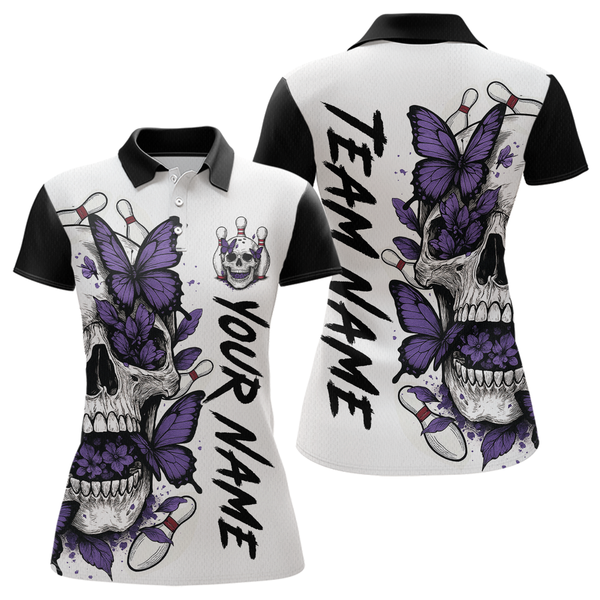 Maxcorners Purple Butterfly Skull Bowling Men Bowling Shirt Polo & Quarter-Zip Bowling Team Jerseys LM1506