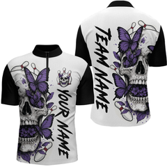 Maxcorners Purple Butterfly Skull Bowling Men Bowling Shirt Polo & Quarter-Zip Bowling Team Jerseys LM1506