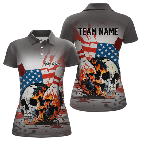 Maxcorners Custom American Flag Skull Flame Bowling Men Polo & 1/4 Zip Shirts Bowling Team Jerseys LM3006