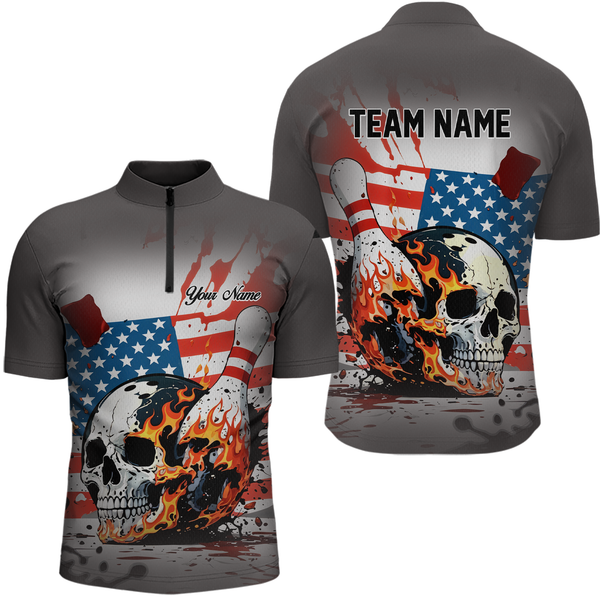 Maxcorners Custom American Flag Skull Flame Bowling Men Polo & 1/4 Zip Shirts Bowling Team Jerseys LM3006