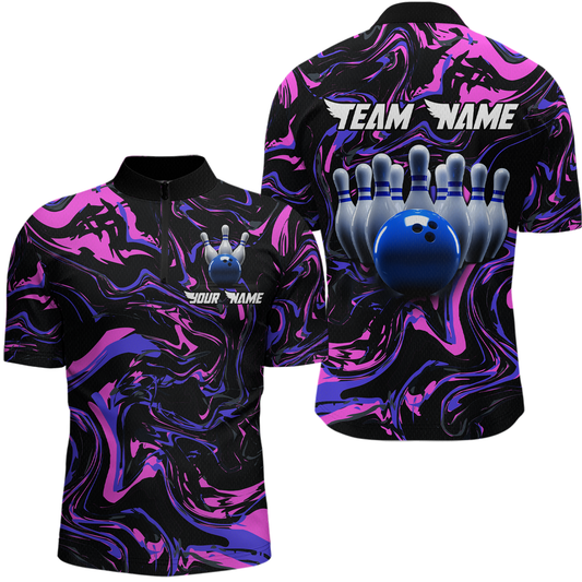 Maxcorners Pink Purple Bowling Custom Men Bowling Shirt Polo & Quarter-Zip Bowling Team Jerseys LM263