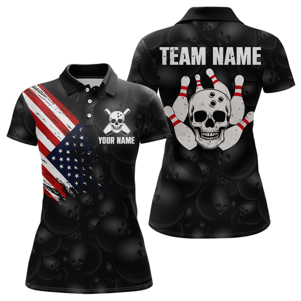 Maxcorners Skull Us Flag Bowling Shirt For Men Personalized Patriotic Bowling Team Jersey Shirts Polo & Quarter-Zip