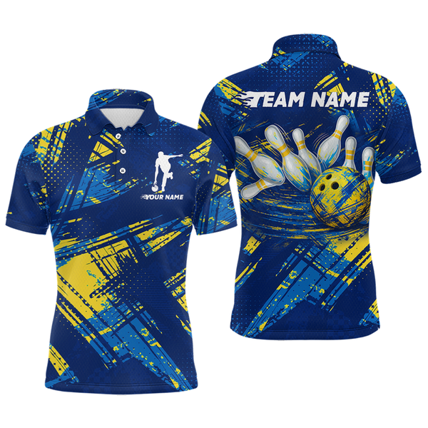 Maxcorners Custom Blue Yellow Bowling Jersey for Men Bowling Uniform Polo & 1/4 Zip Bowling Team Shirts MT2009