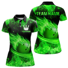 Maxcorners Green Flame Bowling Jersey Men And Women Custom Bowling Shirts Unisex Polo Bowling Team Shirt