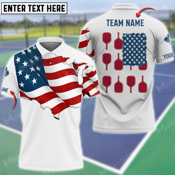 MaxCorners Personalized Name Pickleball US Flag 3D Polo Shirt