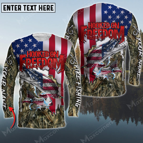 Maxcorners Hooked on Freedom Pike Fishing Sport Jersey Personalized Name Long Sleeve Shirt