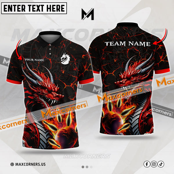 Maxcorners Bowling Ball and Pins Dragon Fire Multicolor Option Customized Name & Team Name 3D Shirt (4 colors)