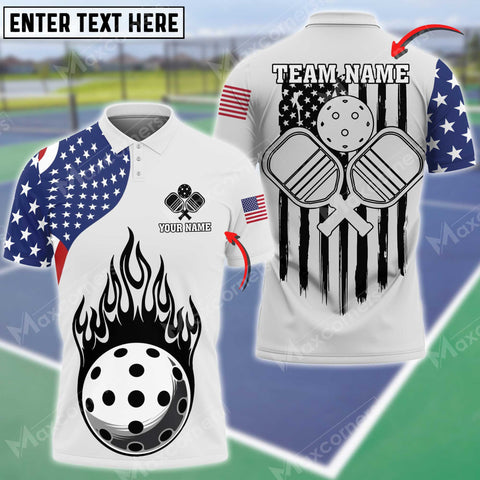 MaxCorners Personalized Name Pickleball US Flag 3D Polo Shirt